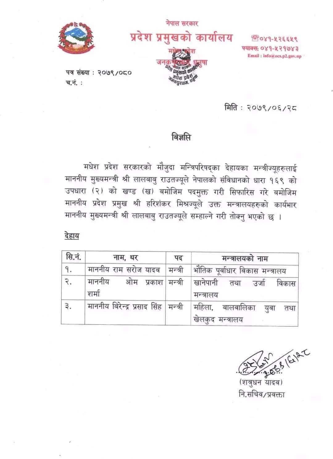 मुख्यमन्त्री राउतले बर्खास्त गरे कांग्रेसका ३ मन्त्री